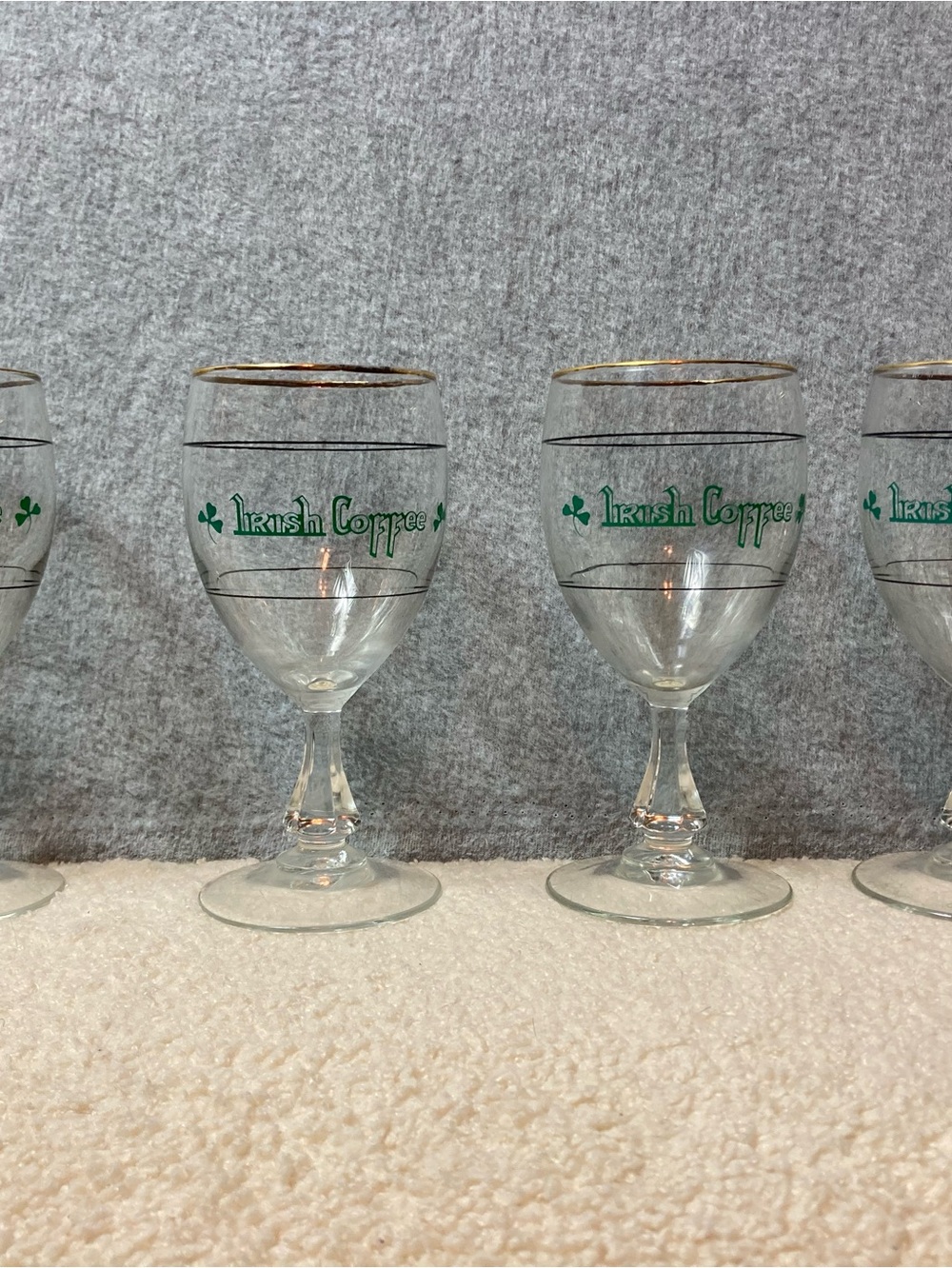 Irish Coffee Goblet Glasses with Green Lettering and Gold Rim